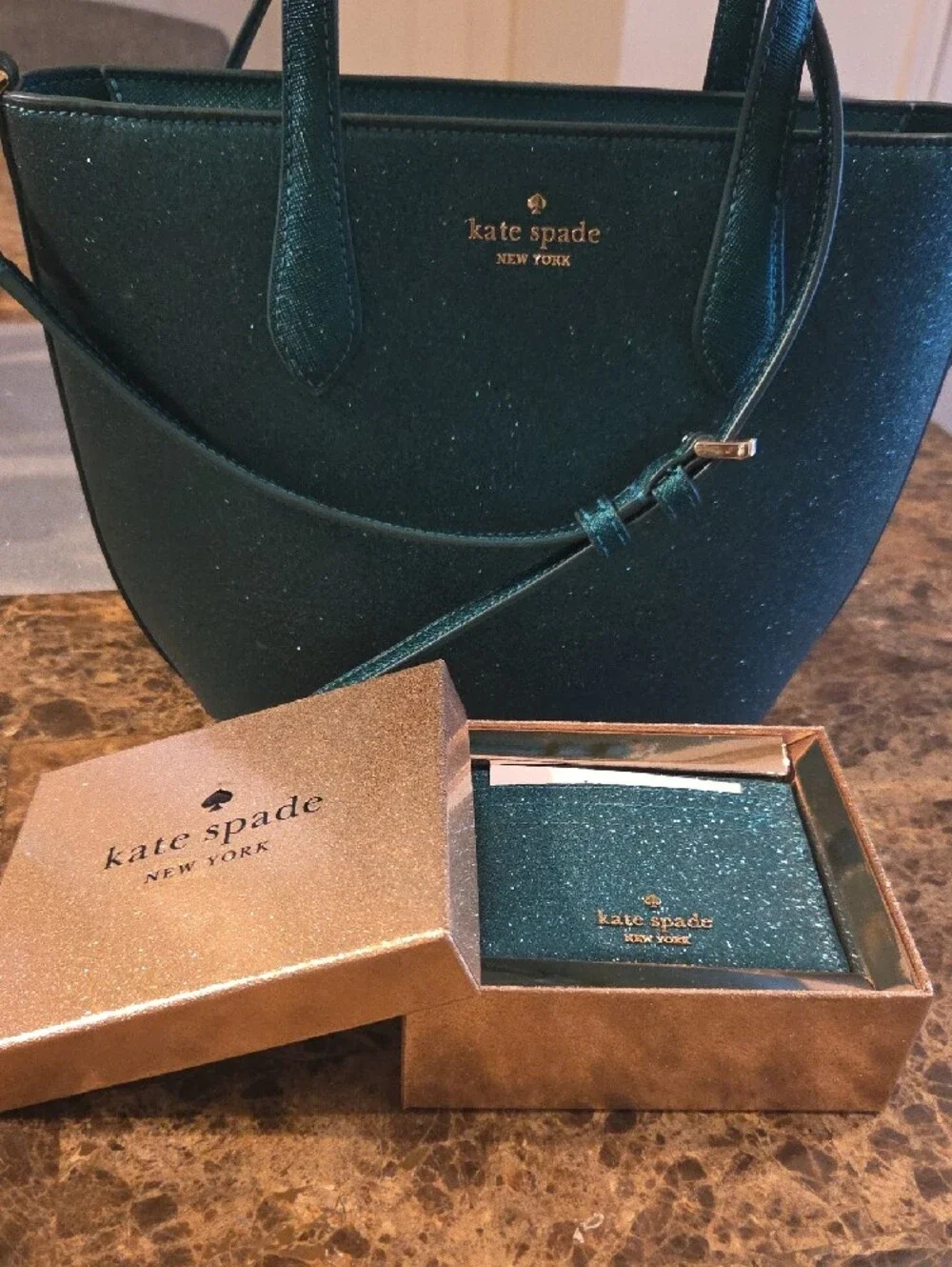 Kate Spade Teal Glitter Satchel with Matching Cardholder Set